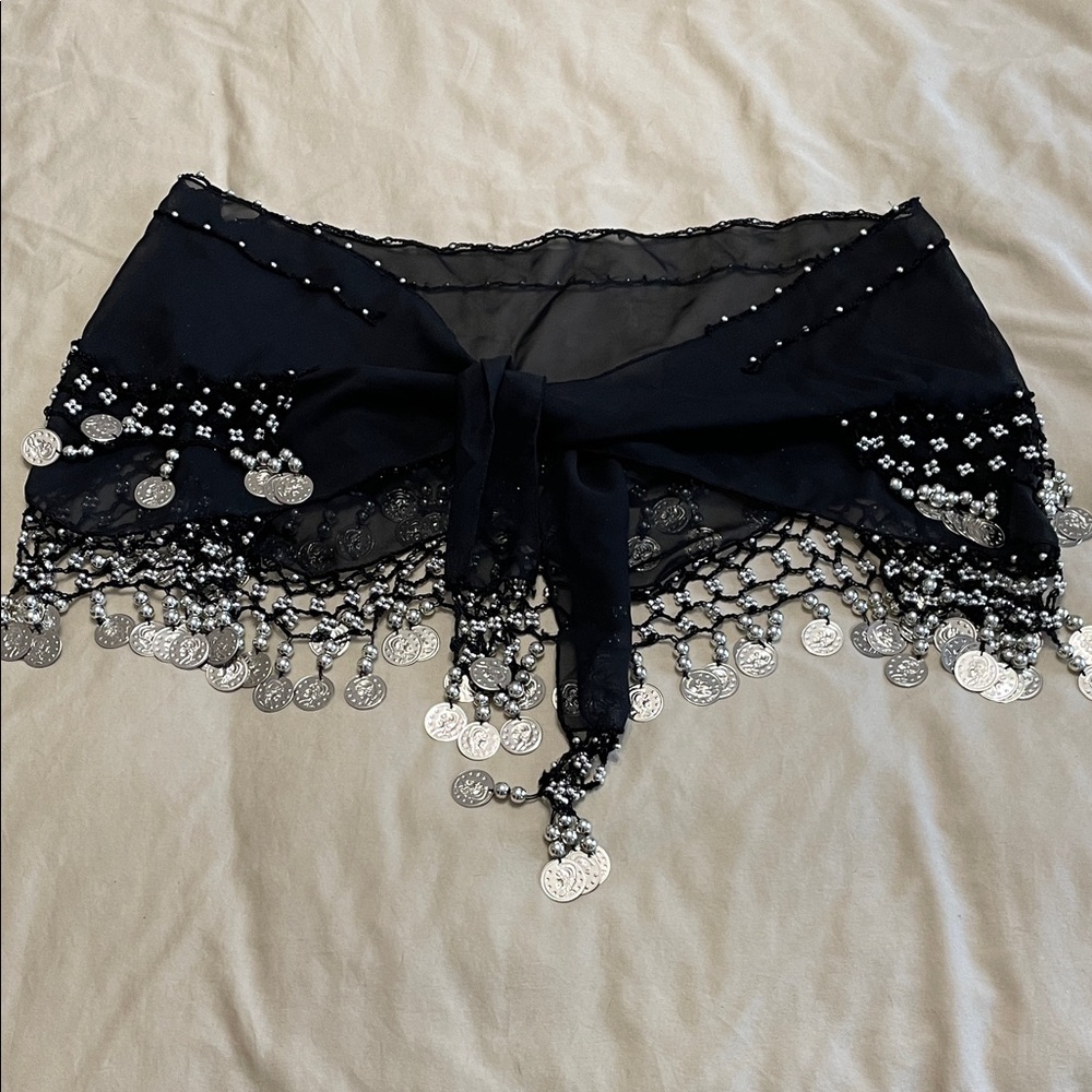 S-M.  Stunning Black Sheer Hip Scarf  with Silver Coins